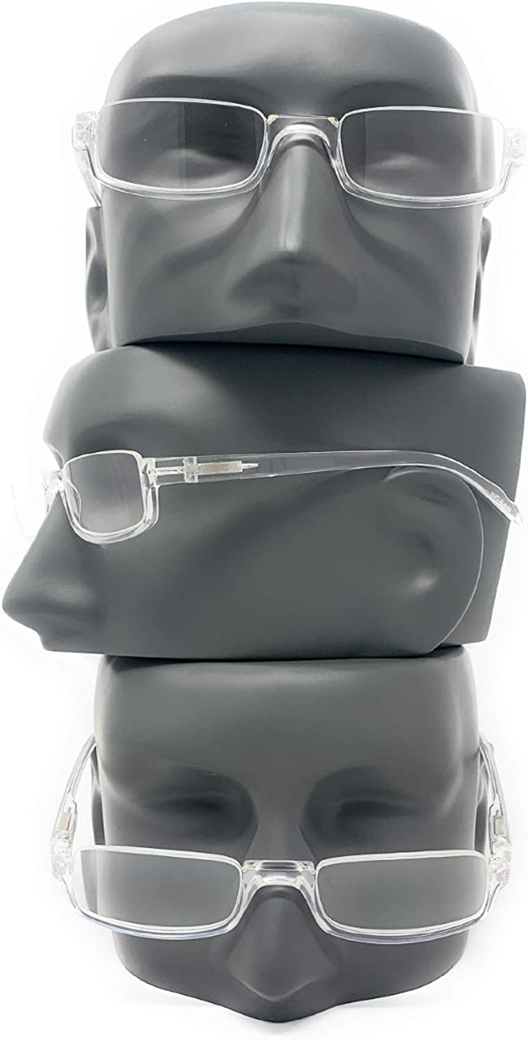 Clear semi-rimless eyeglasses shown from multiple angles on stacked black mannequin heads against a white background.
