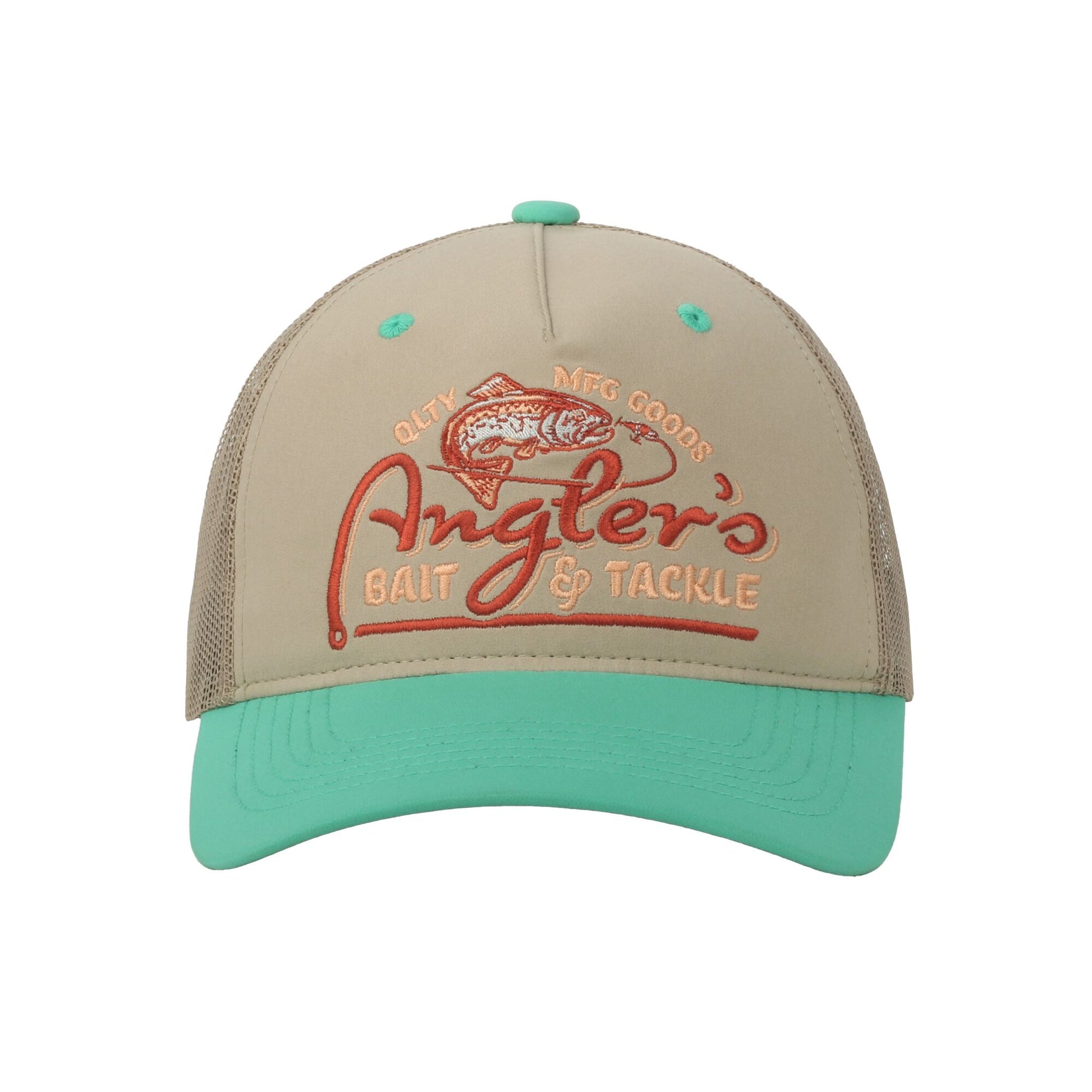 A beige trucker-style cap with a mint green brim and matching mint green button, featuring a large embroidered logo on the front that reads 'Angler's Bait & Tackle' with a fish graphic.
