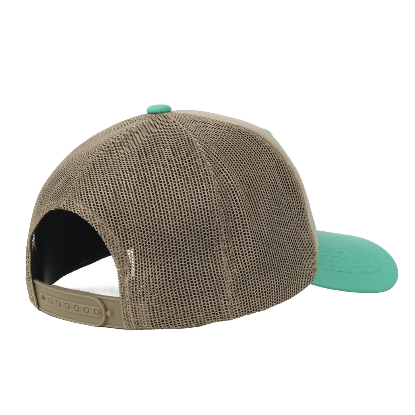 A rear three-quarter view of a trucker-style baseball cap featuring a brown mesh back, a solid tan visor, and a small mint green button on top, set against a plain white background.