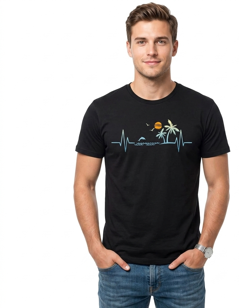 A man wearing a black short-sleeve t-shirt with a graphic of a heartbeat line forming a beach scene with palm trees, a sun, and birds, paired with blue jeans against a white background.