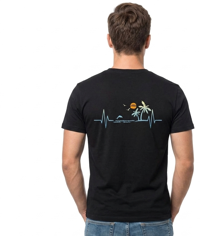 A man viewed from behind wearing a black t-shirt with a graphic on the back depicting a heartbeat line, a sunset, palm trees, and a small boat, paired with blue jeans against a white background.
