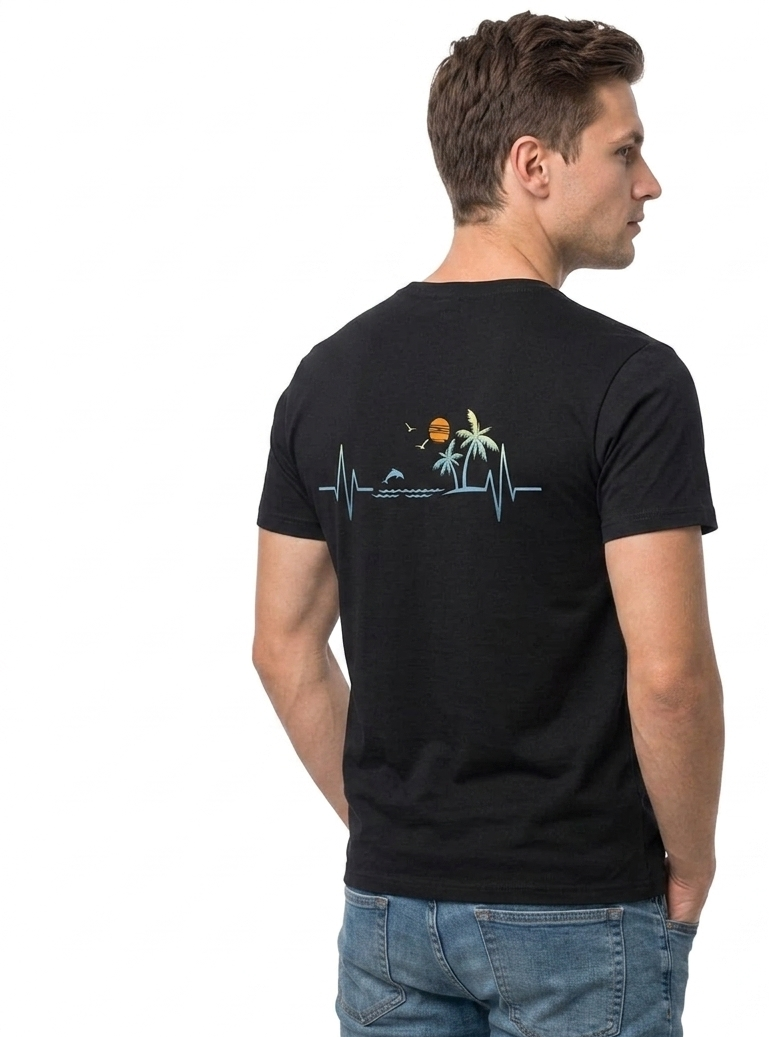 A man wearing a black t-shirt with a graphic on the back, shown from a three-quarters back view against a white background.