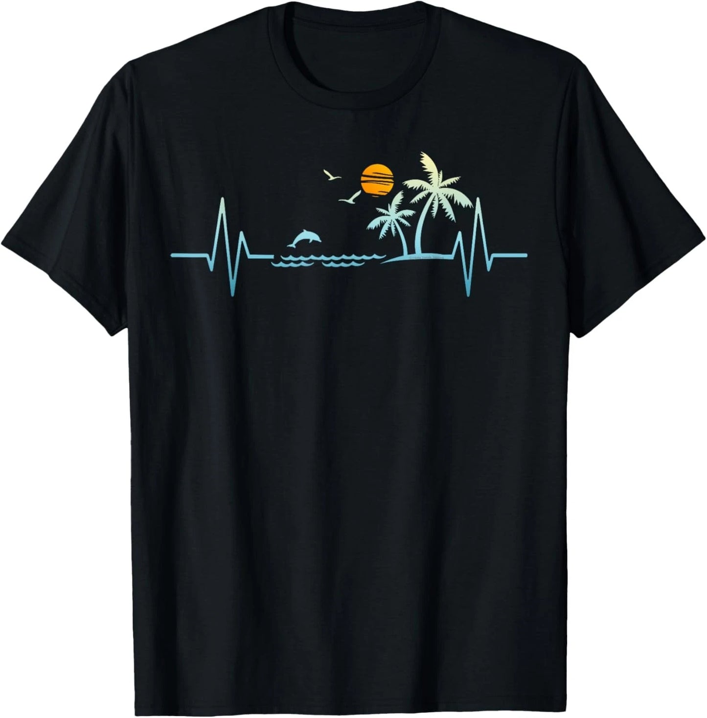 A black short-sleeve crewneck t-shirt featuring a graphic design of a tropical beach scene integrated with a light blue heartbeat line. The design includes a light blue EKG line, blue waves, a white palm tree, a white bird, and an orange sun.