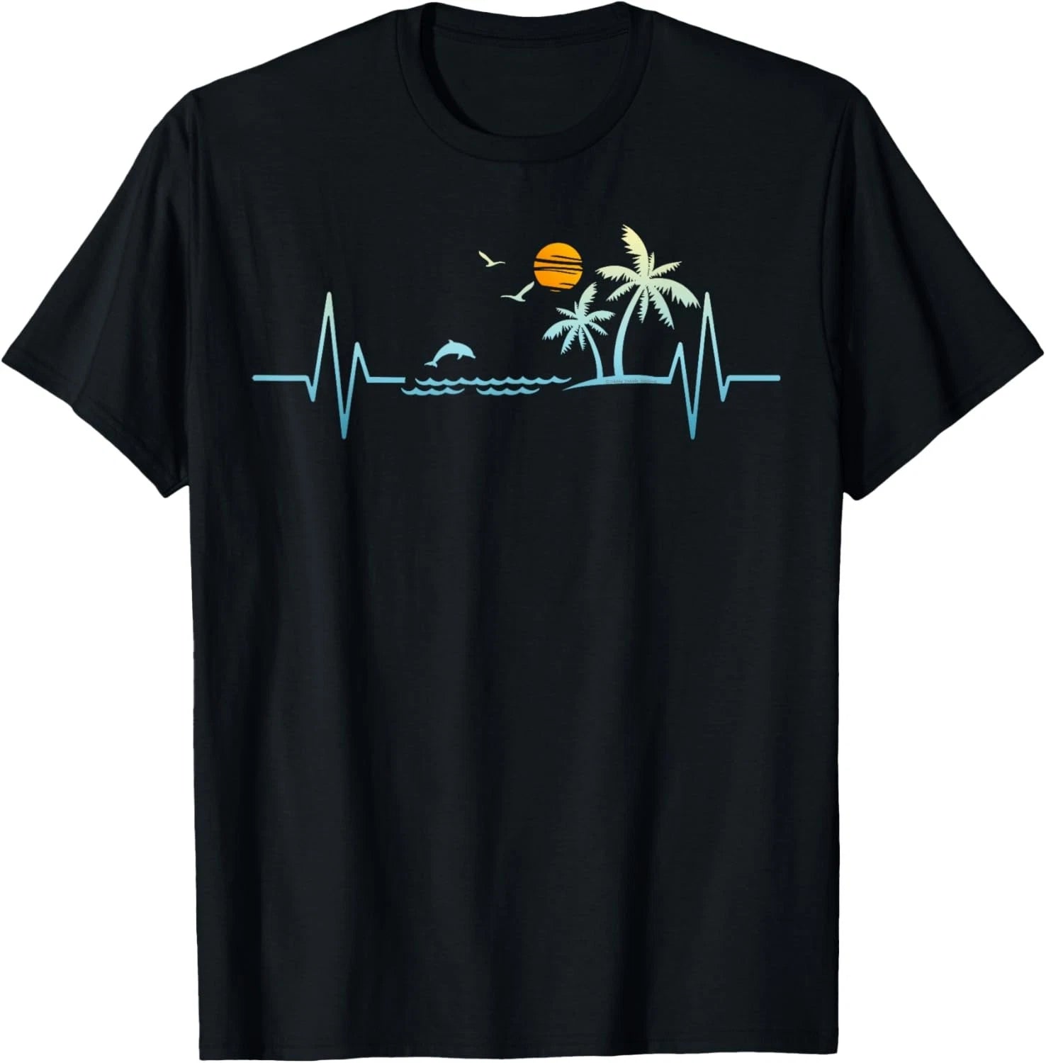 A black short-sleeve crewneck t-shirt featuring a graphic design of a tropical beach scene integrated with a light blue heartbeat line. The design includes a light blue EKG line, blue waves, a white palm tree, a white bird, and an orange sun.
