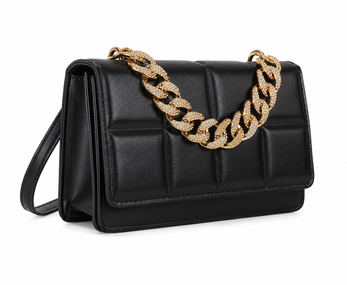 A black quilted leather shoulder bag with a chunky gold-tone chain strap paved with small clear rhinestones, shown on a plain white background.