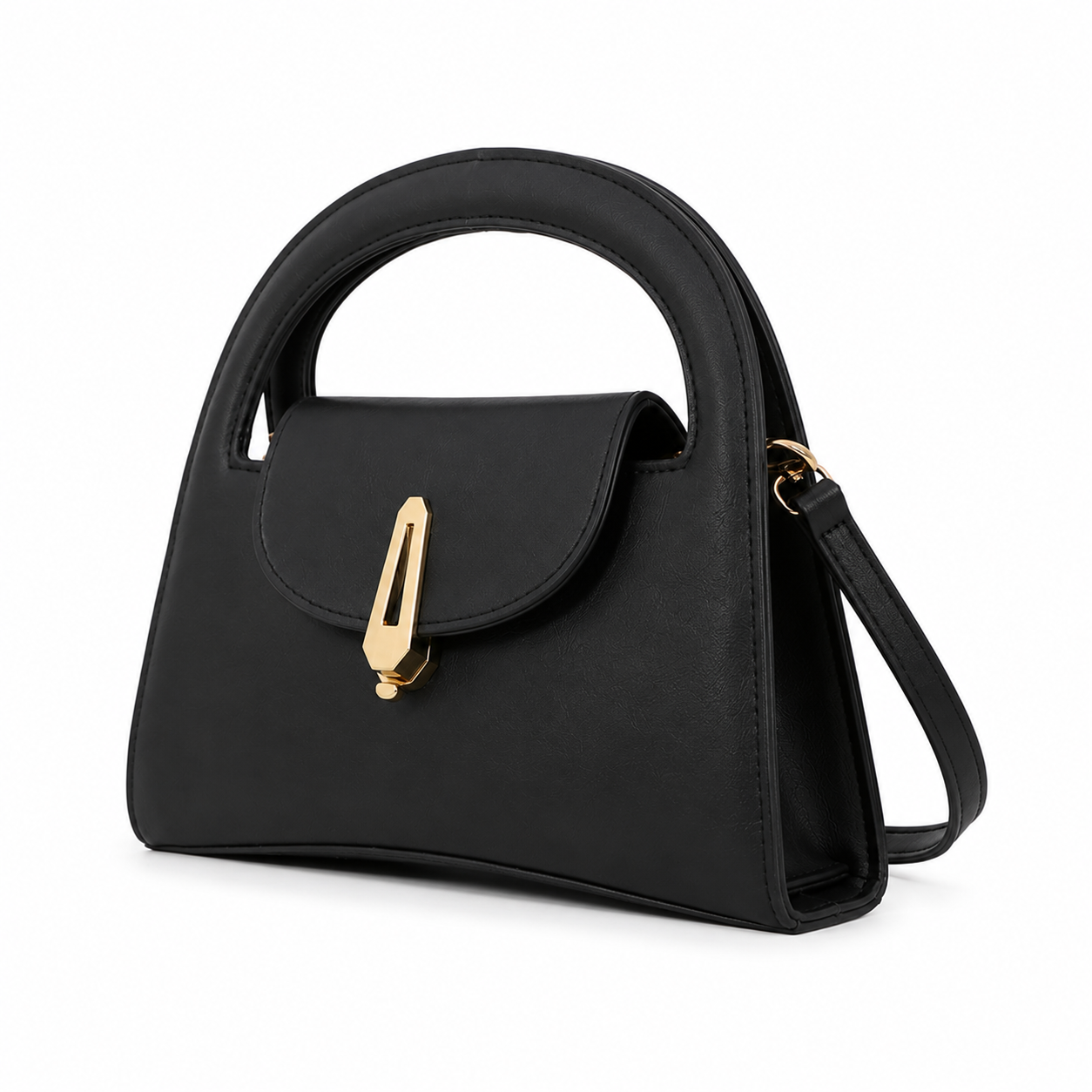 A black faux-leather handbag with a top handle, a front flap featuring a gold-tone decorative clasp, and a matching shoulder strap, shown on a plain white background.
