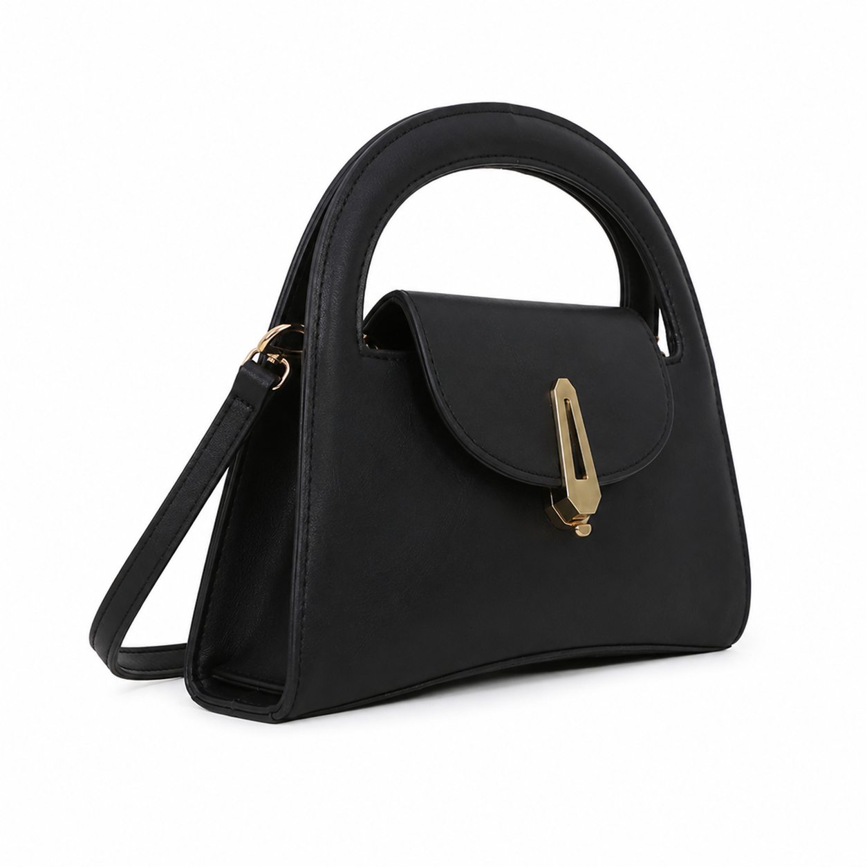 A black faux-leather top-handle handbag with a gold-tone metal clasp and a matching shoulder strap, shown on a plain white background.