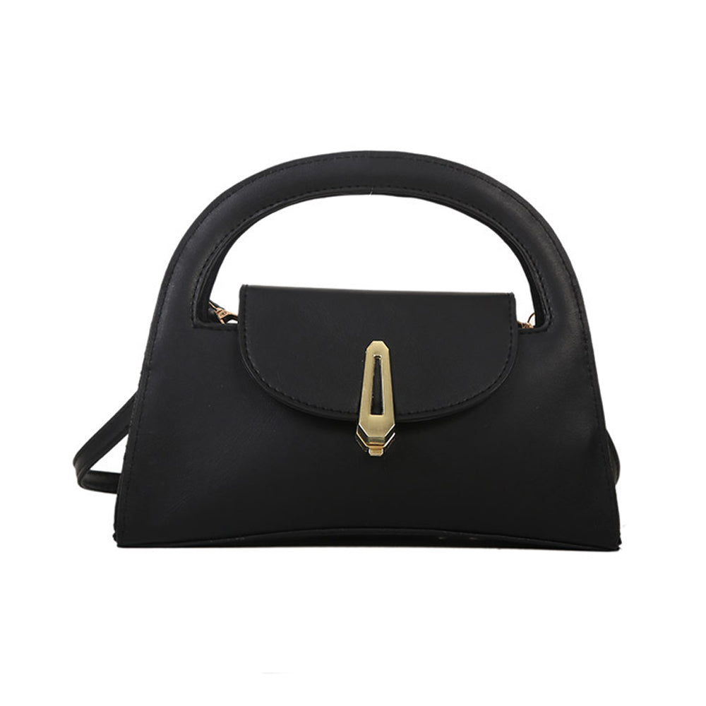 A black faux-leather handbag with a structured top handle, a front flap pocket, and a prominent gold-tone geometric turn-lock clasp, shown on a plain white background.