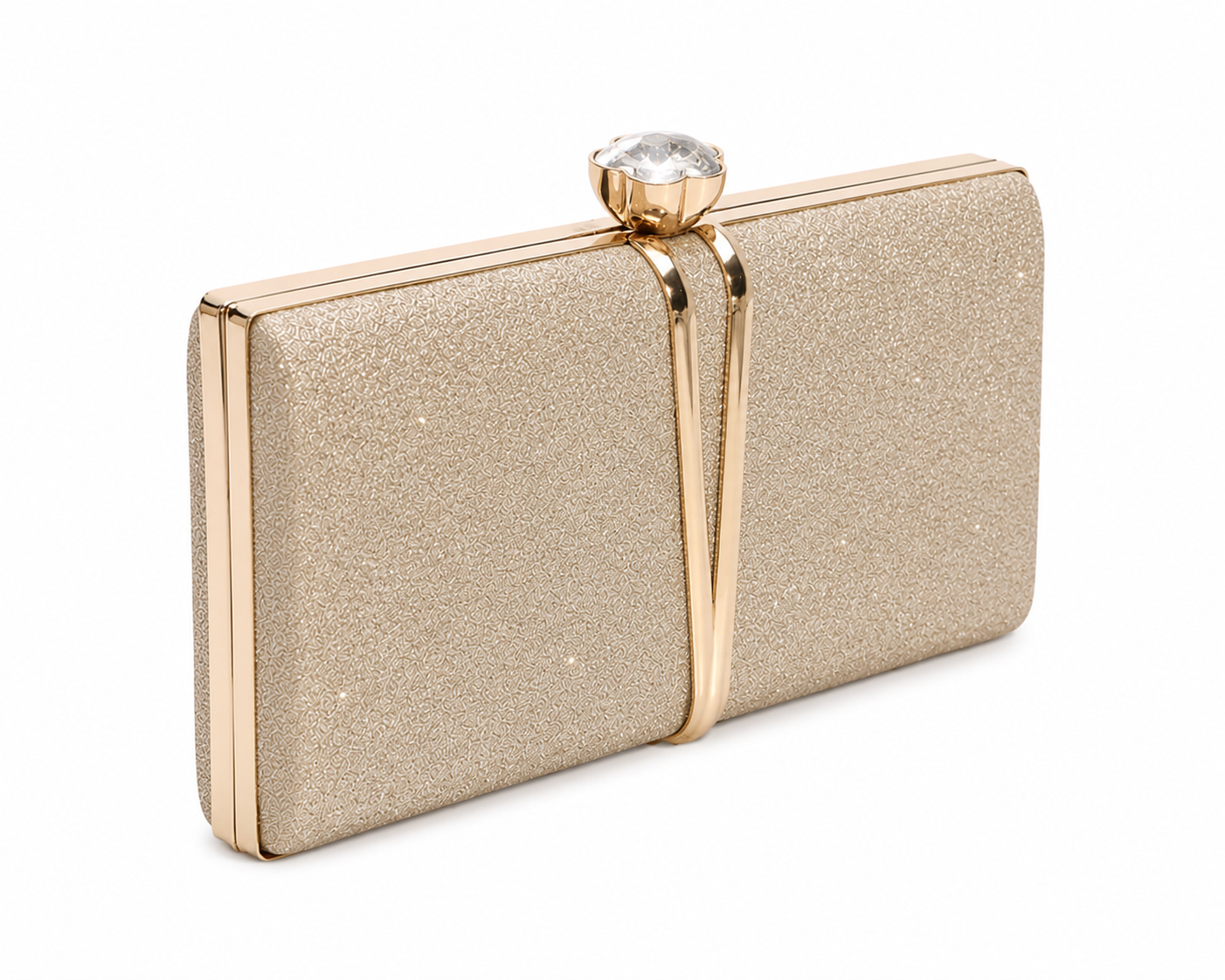 A rectangular glitter clutch bag in champagne gold with a sparkling clear rhinestone clasp and a vertical gold-tone bar detail, shown on a plain white background.