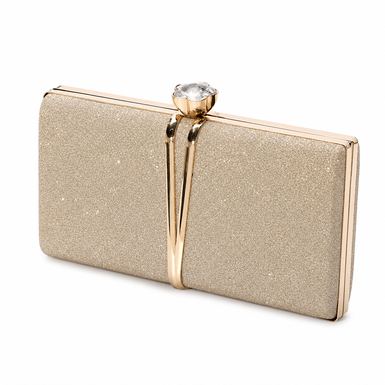 A rectangular glitter clutch purse in champagne gold with a clear rhinestone clasp, set against a plain white background.