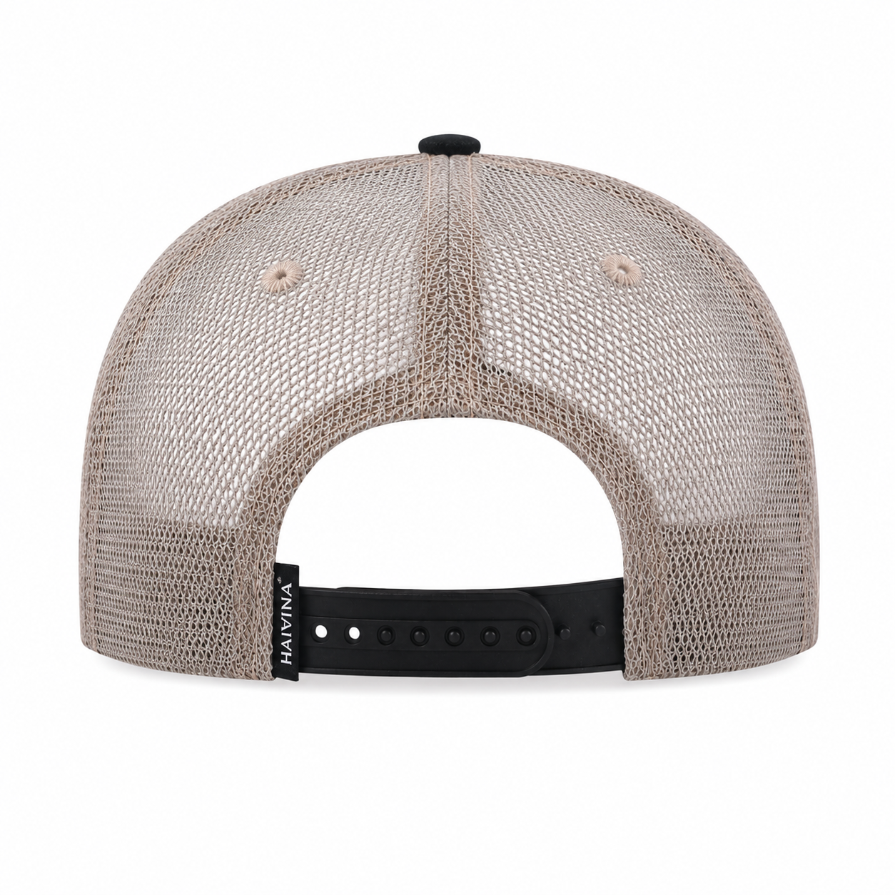 Rear view of a beige mesh trucker cap with a black adjustable strap and a small black button on top, shown on a white background.
