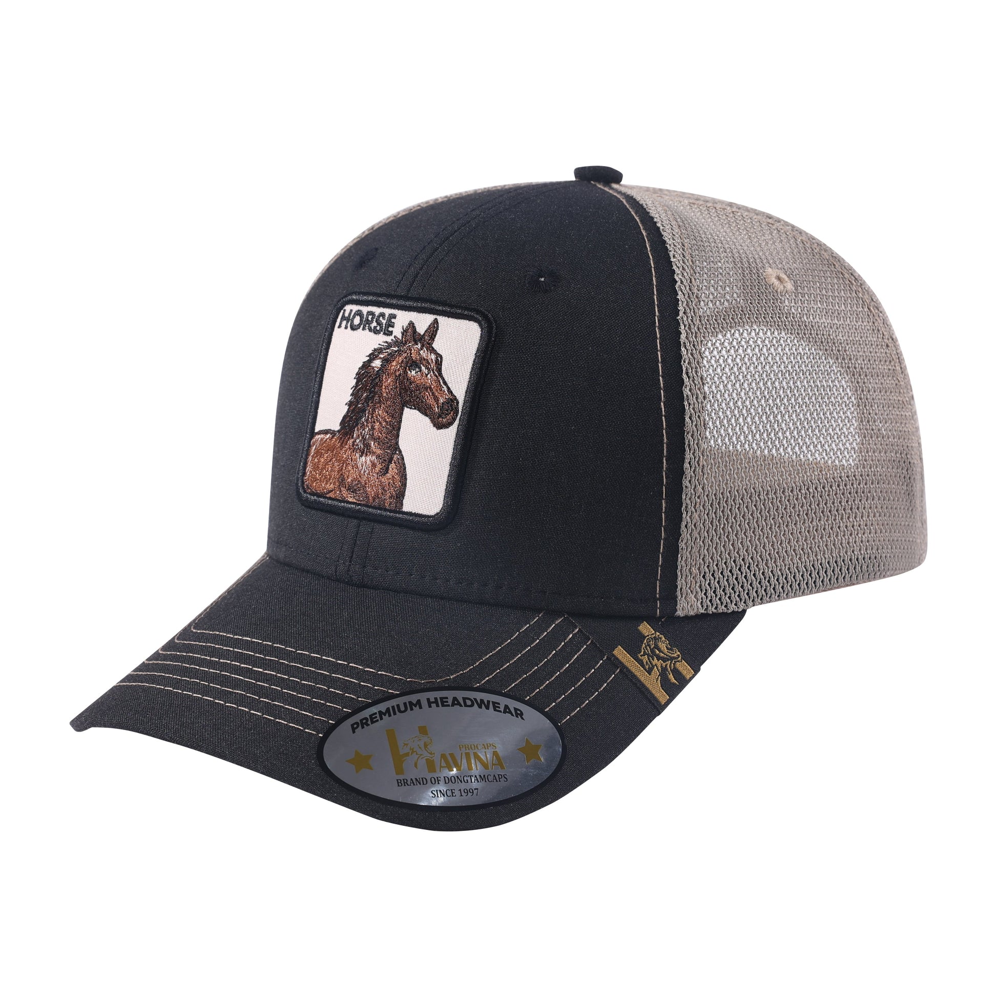 A black and gray trucker-style baseball cap with a horse patch on the front, shown on a plain white background.
