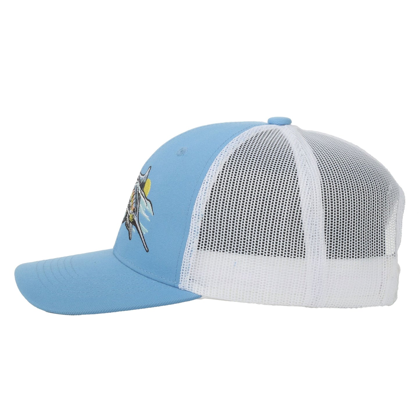 A light blue and white trucker hat featuring a light blue front panel and brim, white mesh back panels, and a small embroidered bee graphic on the side.