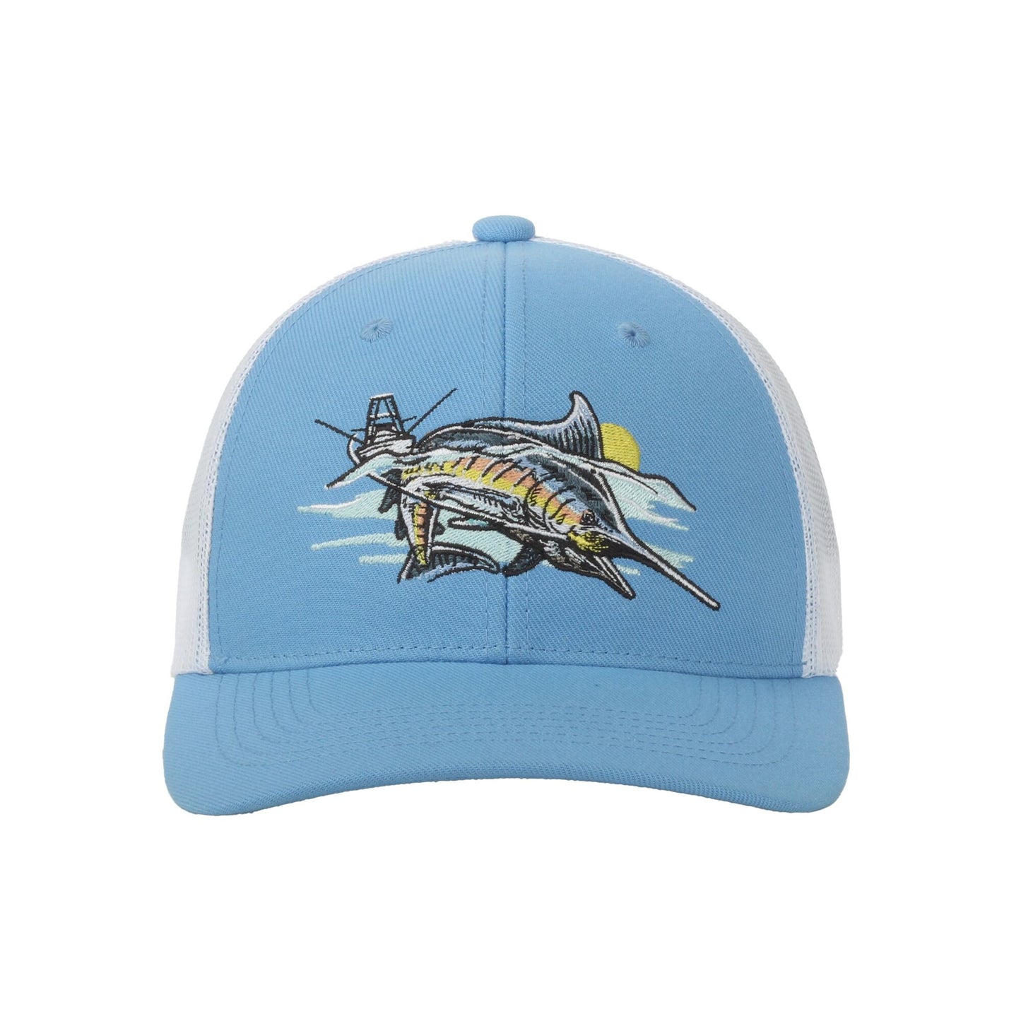 A light blue trucker hat with white mesh back panels and a detailed embroidered marlin graphic on the front, set against a plain white background.