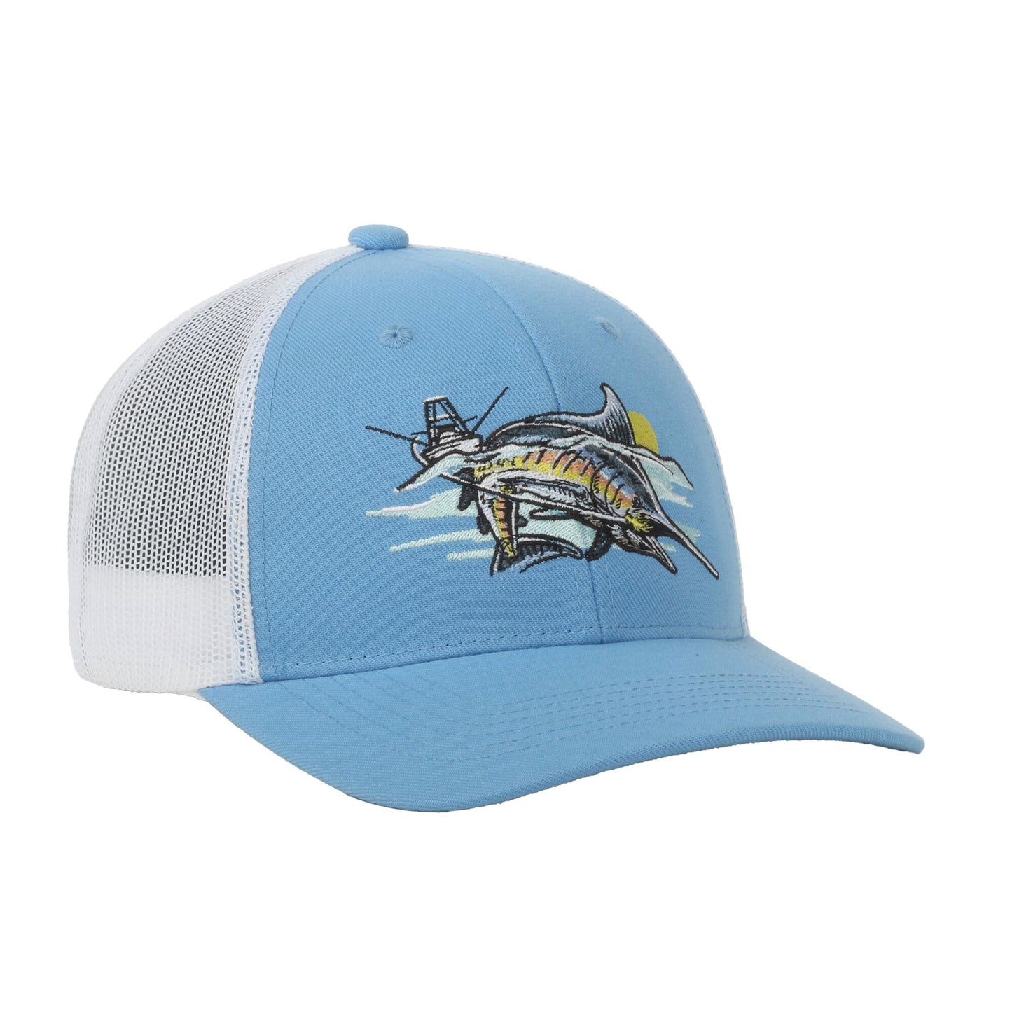 A light blue and white trucker hat featuring an embroidered marlin graphic on the front panel, set against a plain white background.