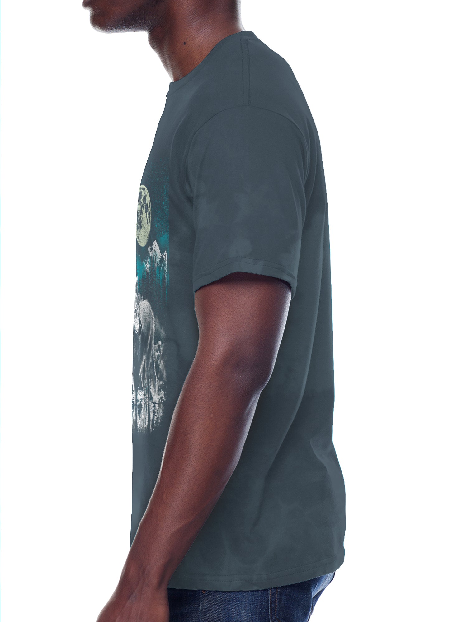A man shown in side profile wearing a dark slate gray t-shirt with a graphic print of a wolf and moon on the front, paired with blue jeans against a plain white background.