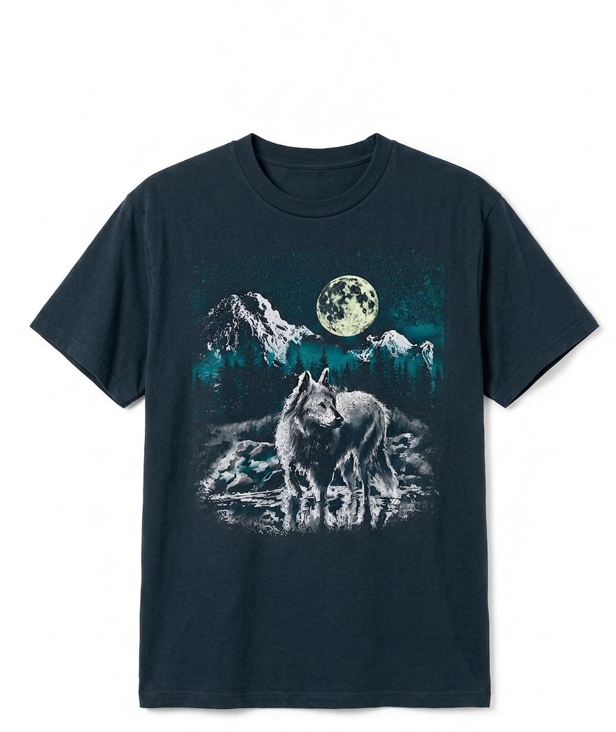 A dark navy blue short-sleeve t-shirt with a graphic print of a howling wolf in a snowy forest under a full moon.