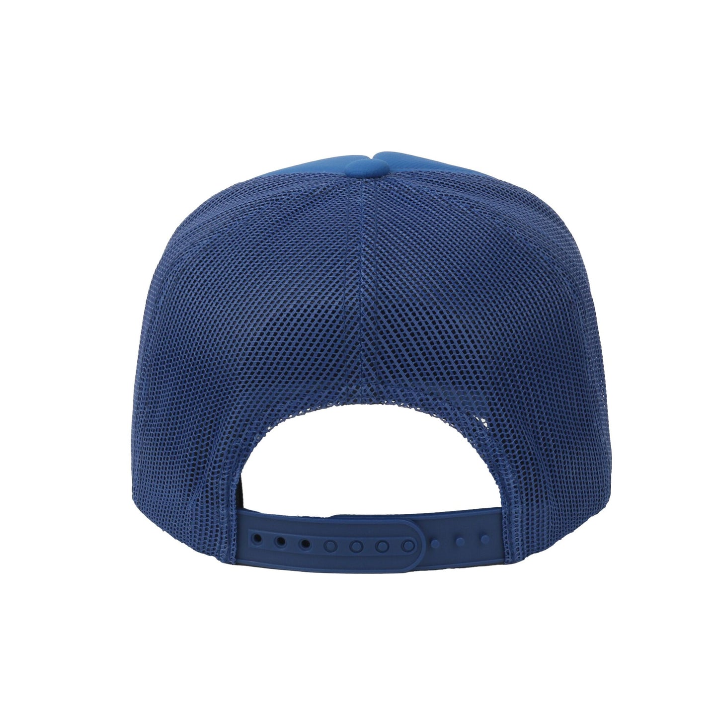 The back view of a navy blue trucker hat with a structured fabric crown and adjustable mesh back strap, shown on a plain white background.