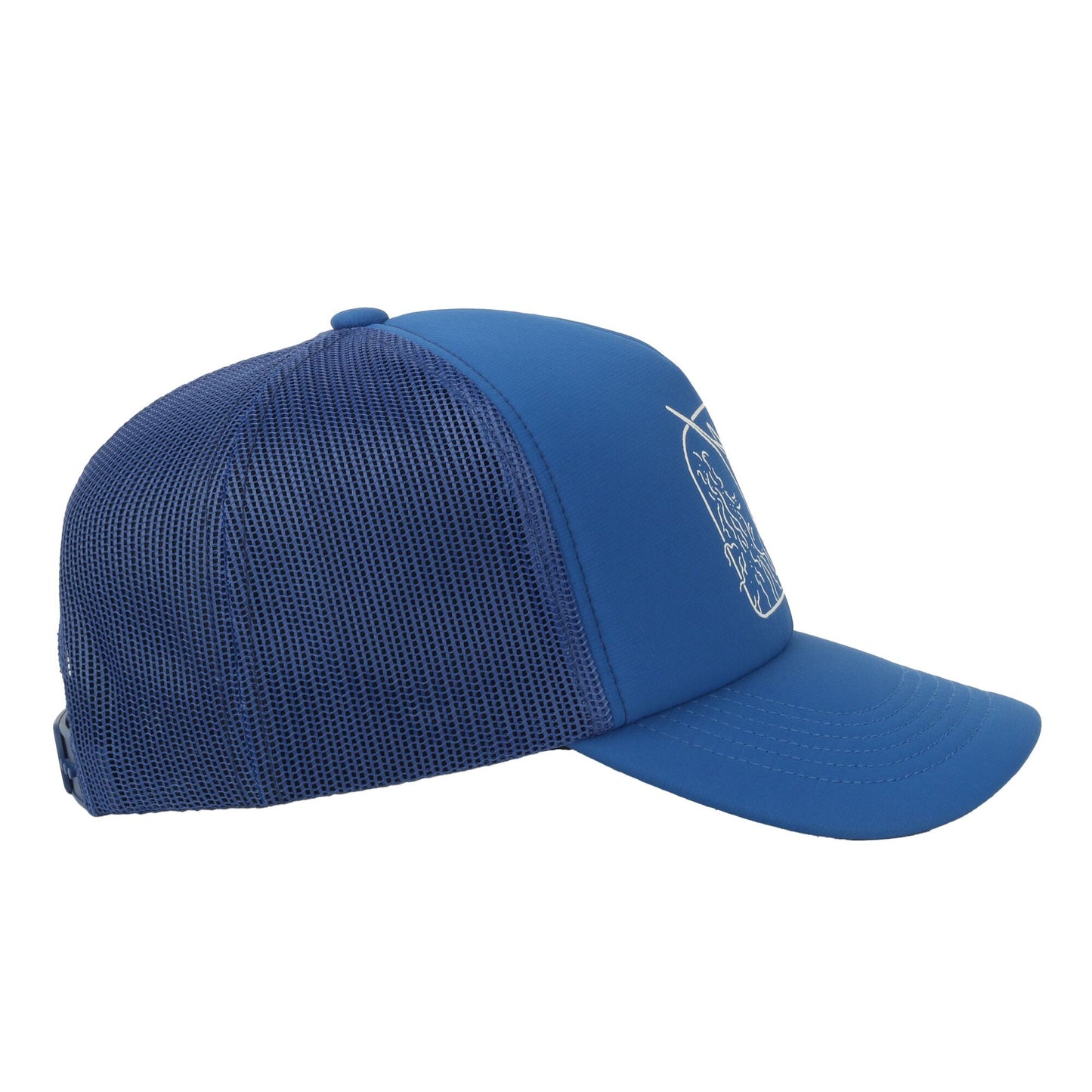 A blue trucker-style baseball cap with a blue mesh back and a white embroidered logo on the side, shown against a plain white background.