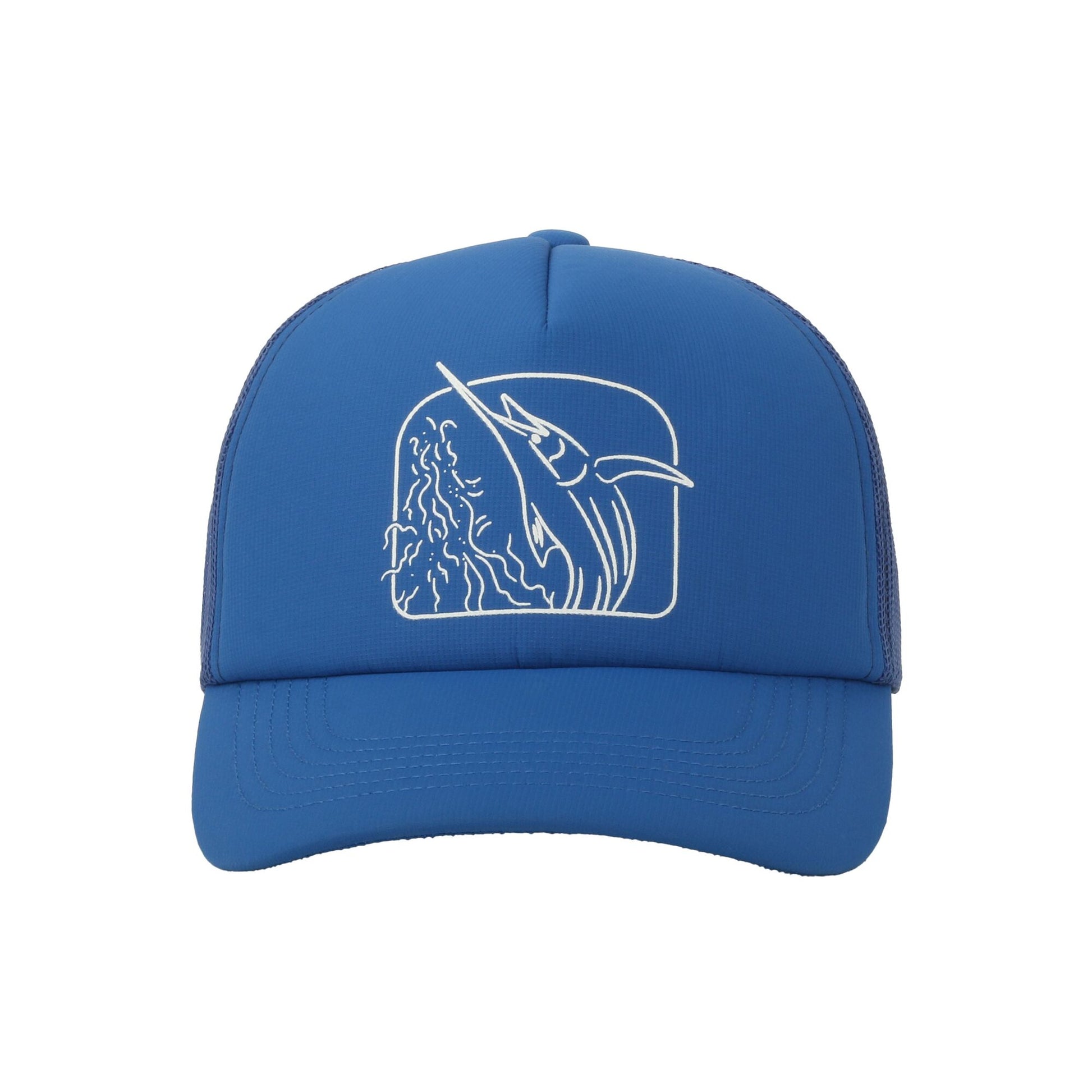 A royal blue trucker-style cap with a white line art graphic of a marlin jumping from the water on the front panel, shown against a plain white background.