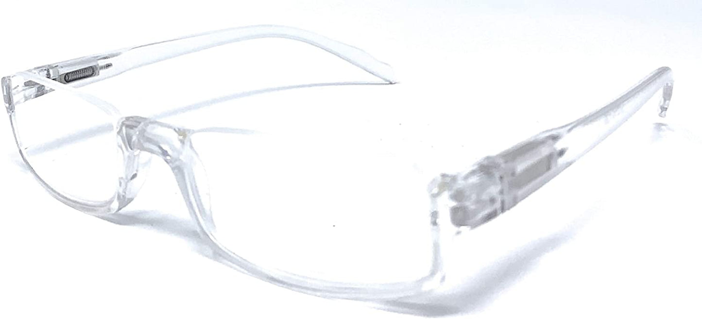 Clear plastic safety glasses with transparent lenses and flexible arms, shown on a white background.