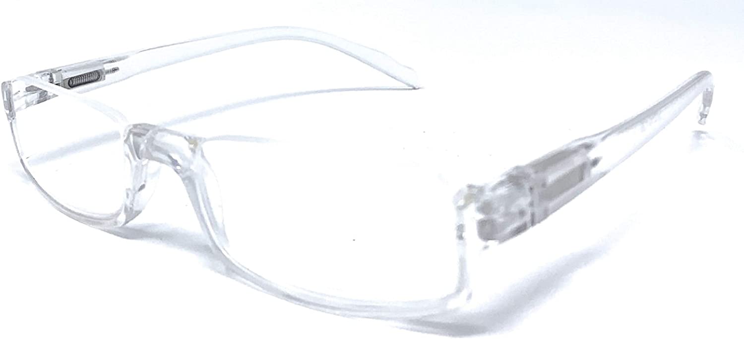 Clear plastic safety glasses with transparent lenses and flexible arms, shown on a white background.
