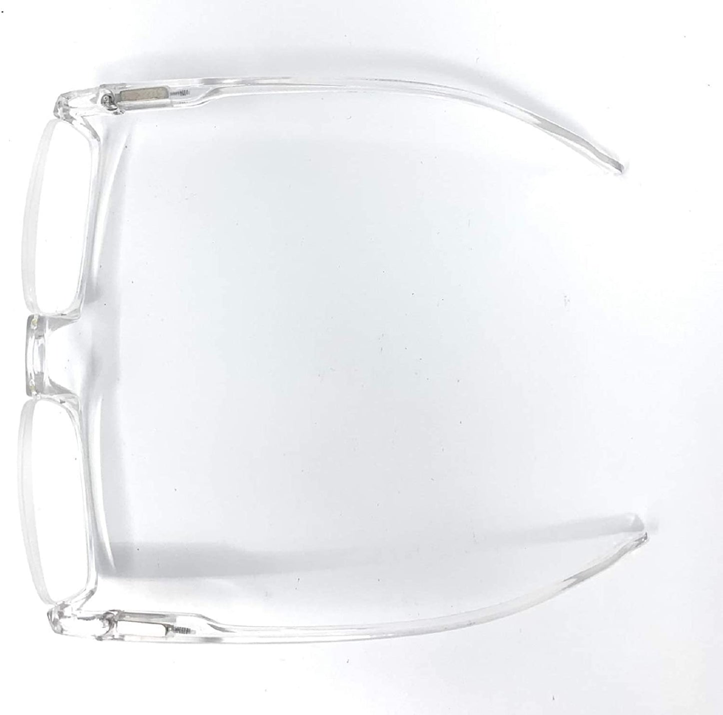 Clear plastic safety glasses with transparent lenses and a thin, lightweight frame, shown from a top-down view on a white background.