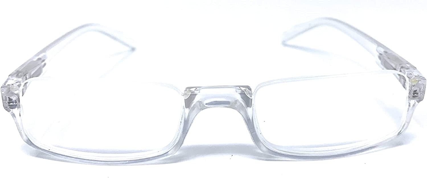 Clear plastic eyeglass frames with transparent temples, shown against a plain white background.