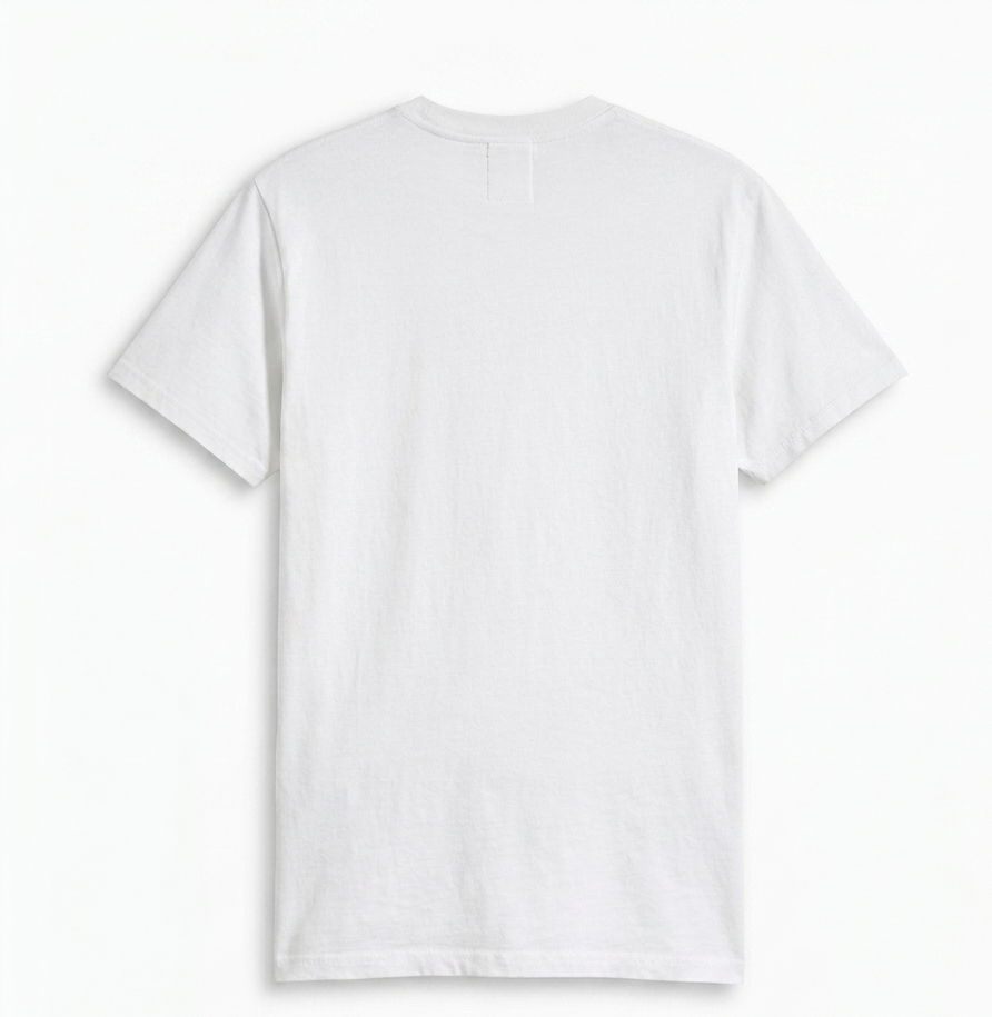 A plain white short-sleeve crewneck t-shirt shown from the back, laid flat against a clean white background.