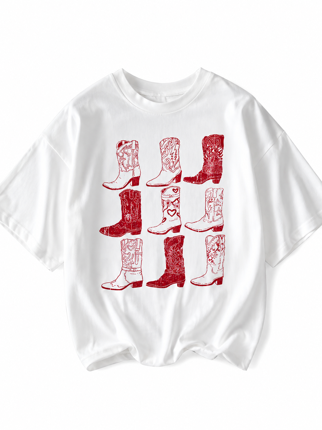 A white short-sleeve t-shirt with a red graphic print of nine western cowboy boots arranged in a 3x3 grid, displayed on a clean white background.