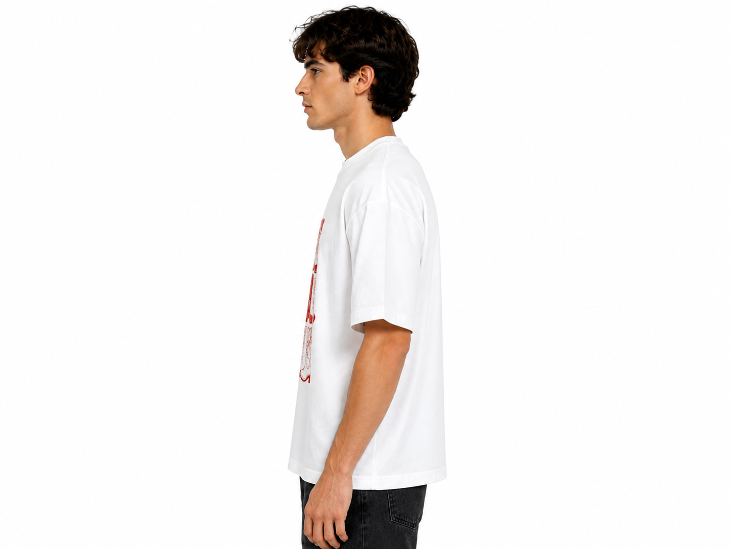 A man shown in profile wearing a white short-sleeve t-shirt with a red graphic print on the side, paired with dark pants, against a plain white background.