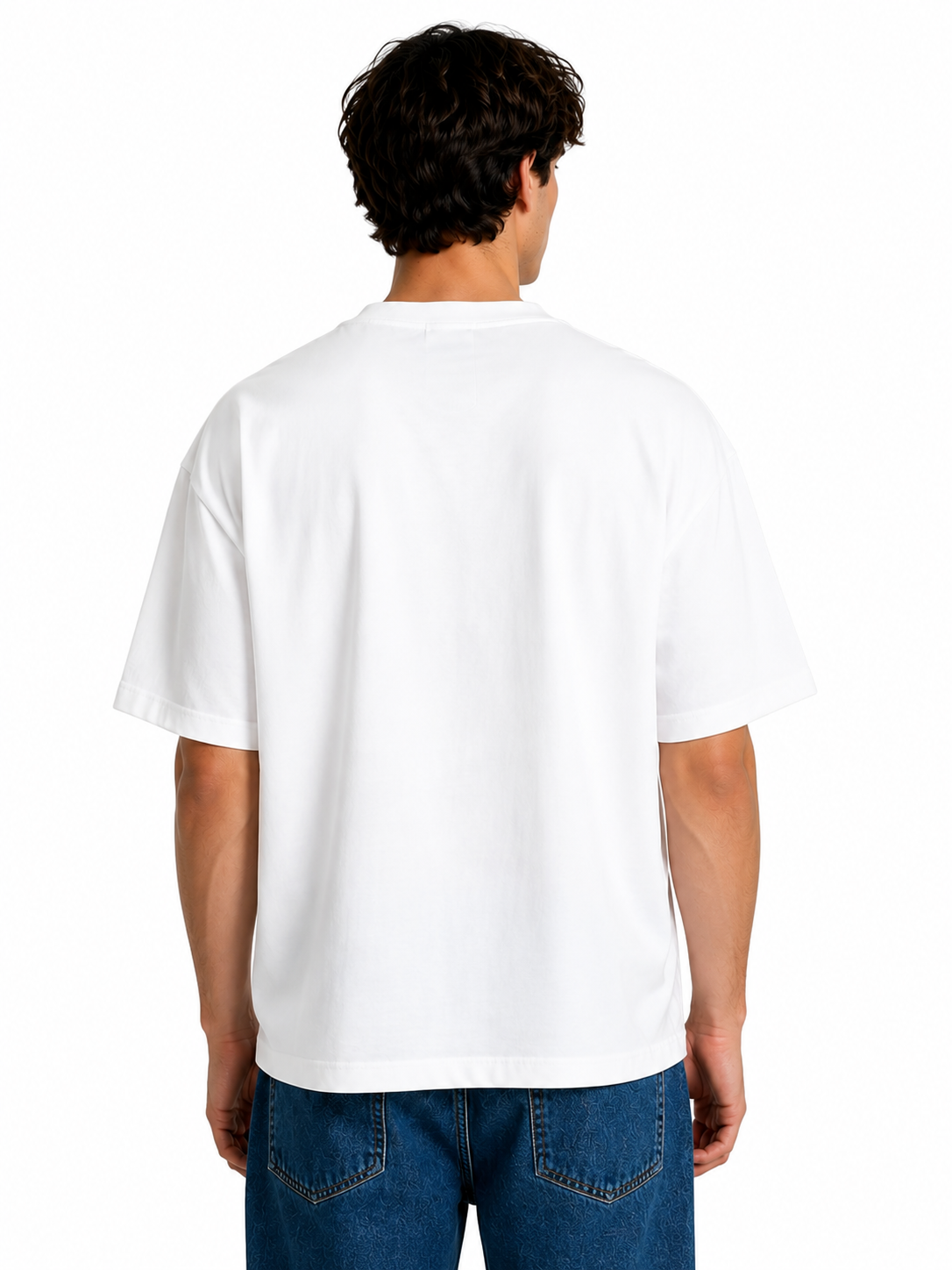 A man viewed from behind wearing a plain white short-sleeve crewneck t-shirt and blue jeans, set against a solid white background.