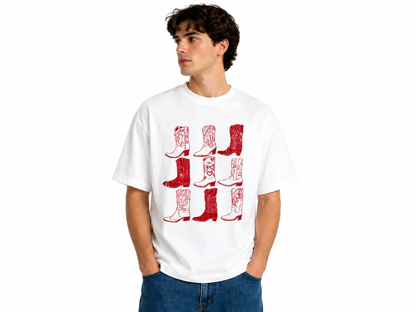 A man wearing a white crewneck t-shirt with a red distressed graphic of cowboy boots, paired with blue jeans, against a plain white background.