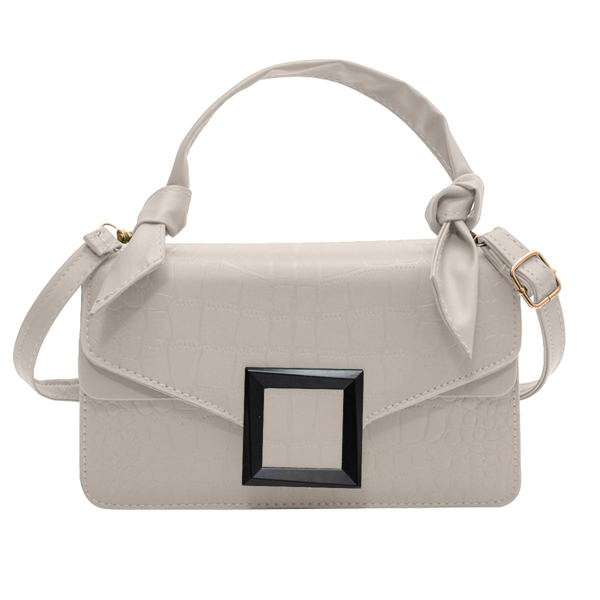 A light beige faux-crocodile leather handbag with a top handle, adjustable shoulder strap, and a prominent black square frame detail on the front flap.