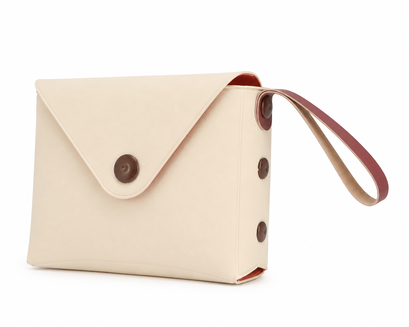 A cream-colored envelope-style pouch with a matching wrist strap and dark brown snap buttons, shown on a plain white background.