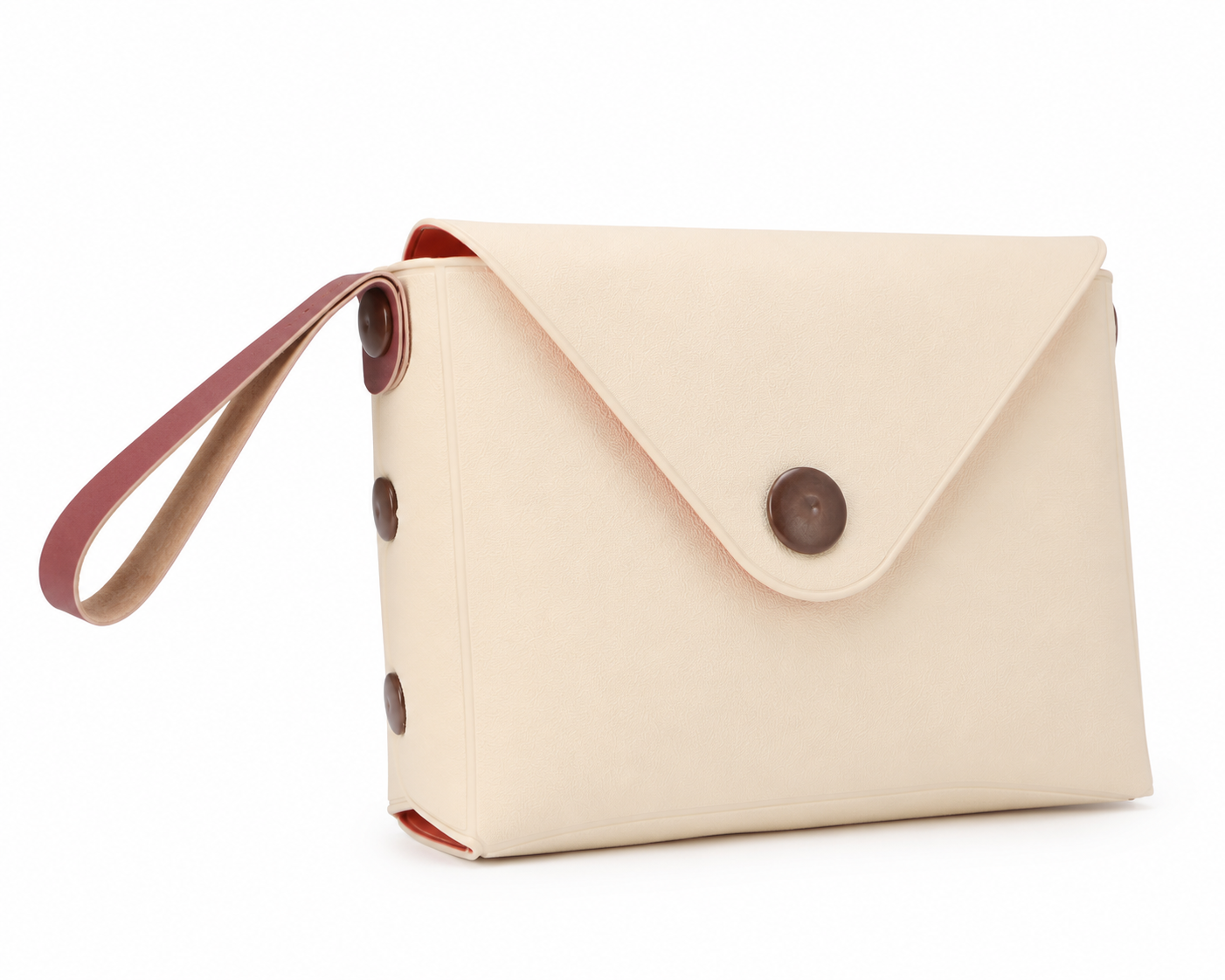 A cream-colored envelope-style clutch bag with a matching wrist strap and dark brown accents, including a snap button and side rivets, shown on a white background.