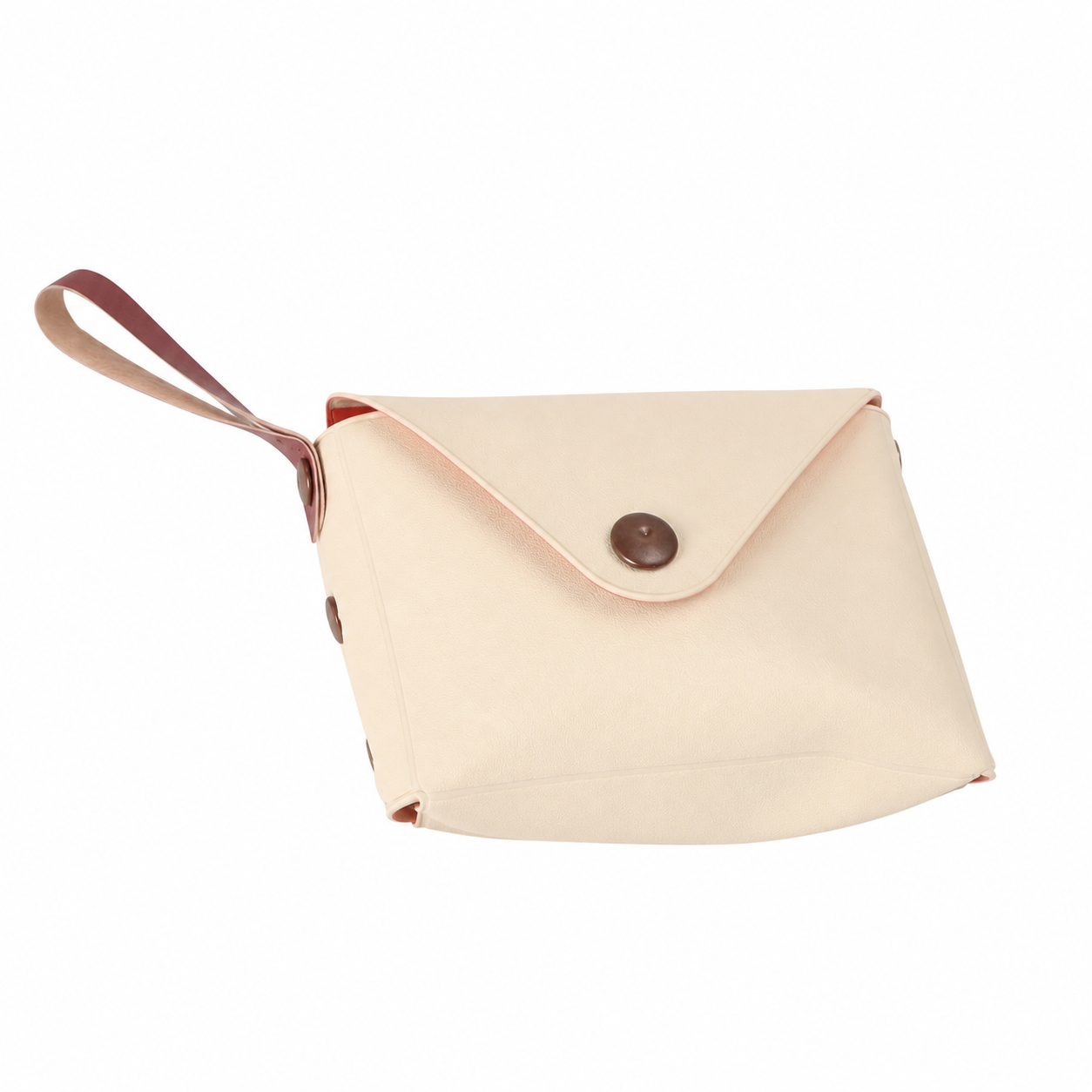 A small envelope-style pouch in a light cream or pale peach color with a matching wrist strap and a dark brown snap button closure, shown on a plain white background.