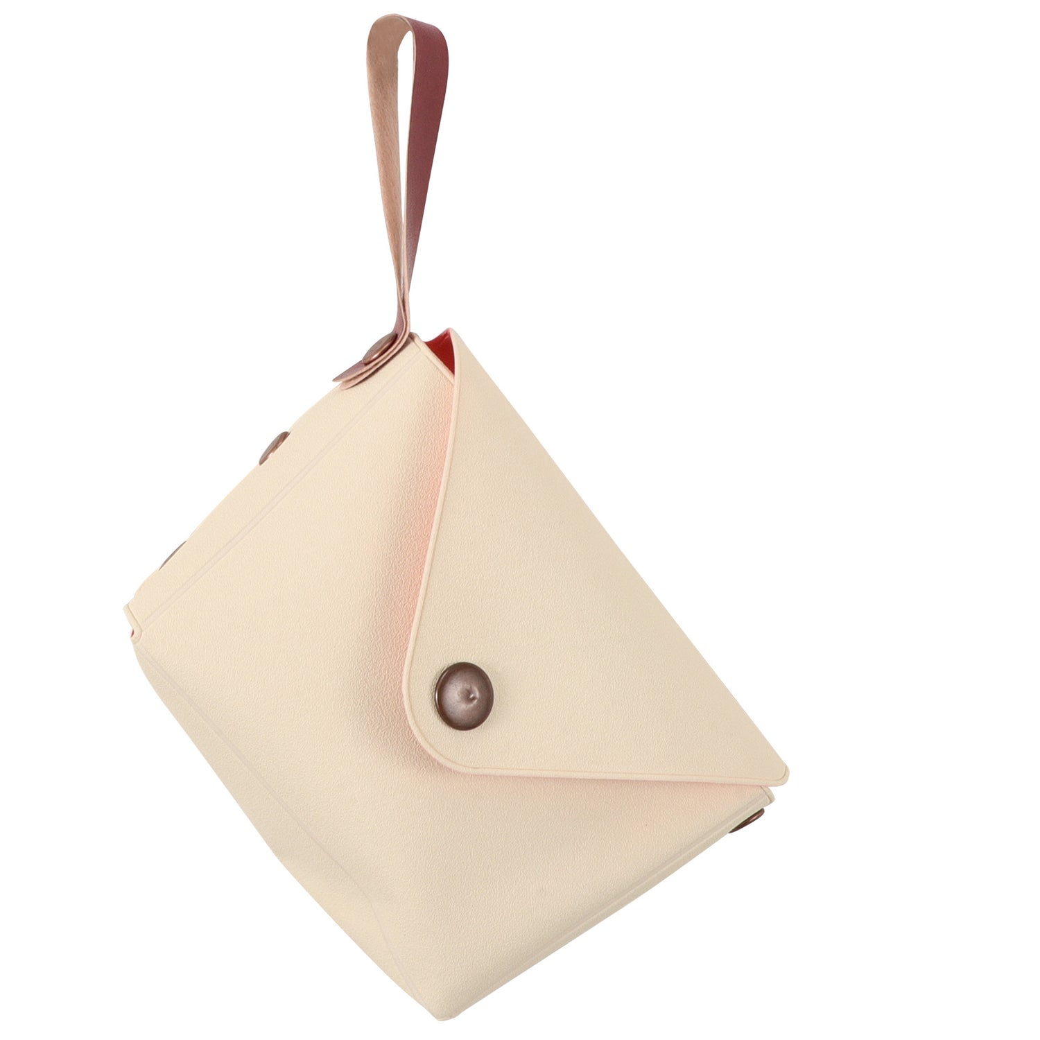 A small envelope-style handbag in a warm cream or light beige color, featuring a matching top handle and a snap-button closure, shown against a plain white background.