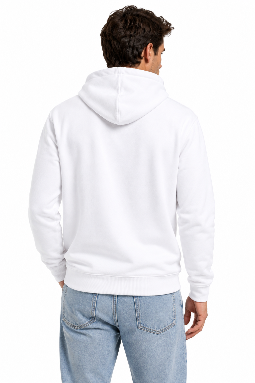 A man viewed from behind wearing a plain white pullover hoodie and light blue jeans against a clean white studio background.