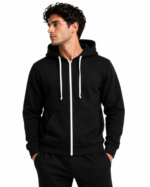 A man wearing a black zip-up hoodie with white drawstrings and a white front zipper, paired with black sweatpants, photographed against a plain white background.