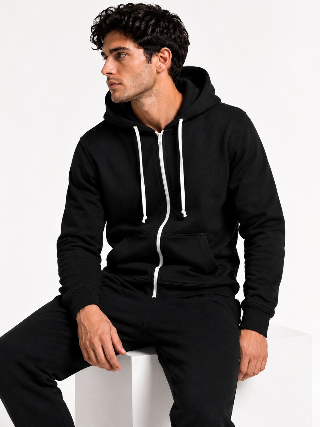 A man wearing a black zip-up hoodie with white drawstrings and white zipper accents, paired with black sweatpants, sitting on a white block against a plain white background.